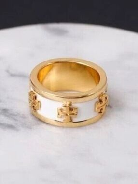 Tory Burch White and Gold Enamel Logo Band Ring